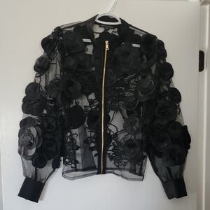 Boston Proper Black Sheer Floral Bomber Jacket